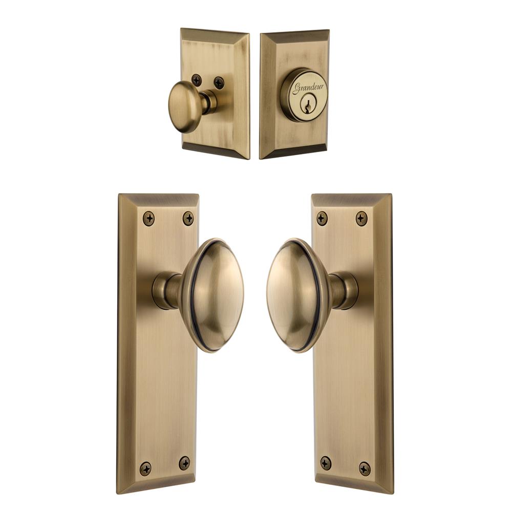 Grandeur by Nostalgic Warehouse Single Cylinder Combo Pack Keyed Differently - Fifth Avenue Plate with Eden Prairie Knob and Matching Deadbolt in Vintage Brass